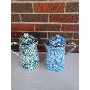 Set of 2 Vintage Enamelware Pitchers Blue Green Speckled Camp Kitchenware